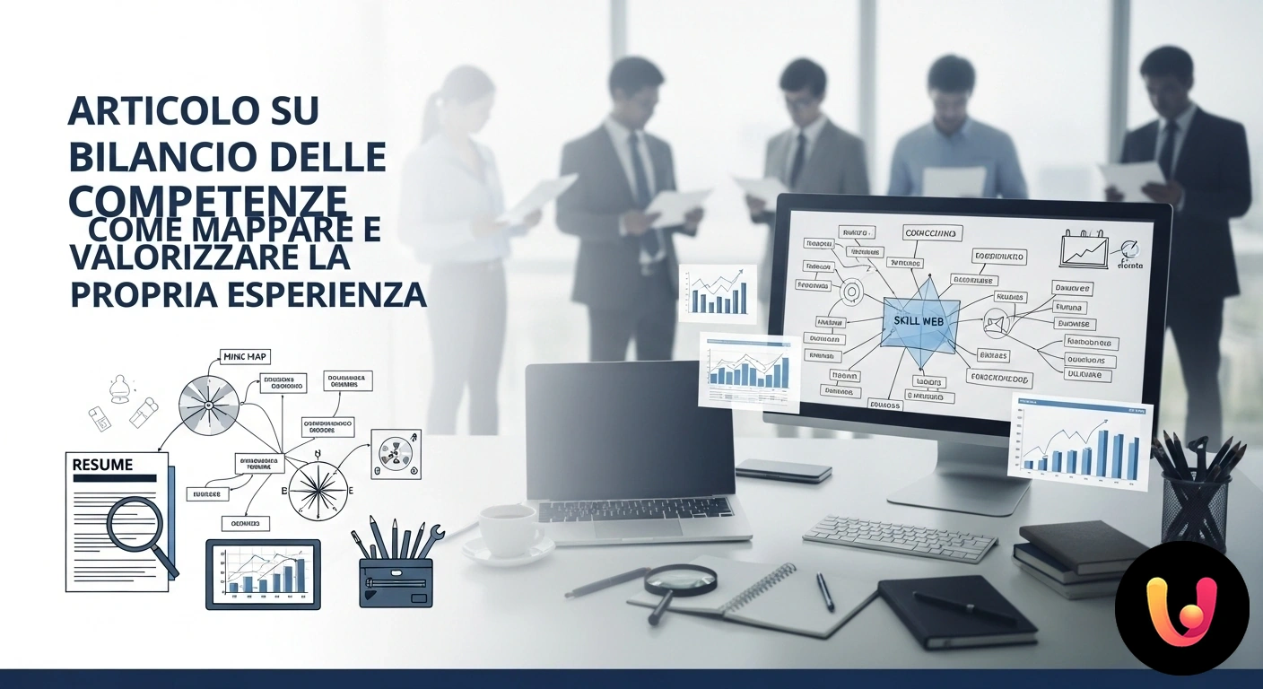 Bilancio delle Competenze: Guida per Mappare e Valorizzare la tua Carriera Mappa concettuale con aree dedicate a competenze, formazione ed esperienze professionali analizzata da una persona.