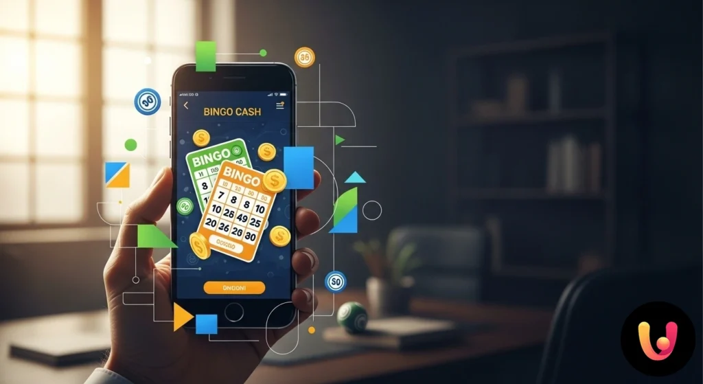 Interfaz de la app Bingo Cash en un smartphone, mostrando una partida en curso con cartones, bolas numeradas y un saldo