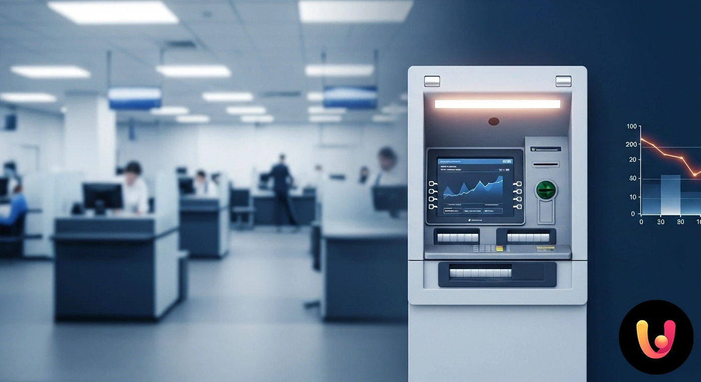 ATM: l'impatto sulla riduzione delle filiali bancarie tradizionali. Sportello automatico (atm) in funzione con una filiale bancaria vuota e chiusa sullo sfondo, a simboleggiare la transizione.