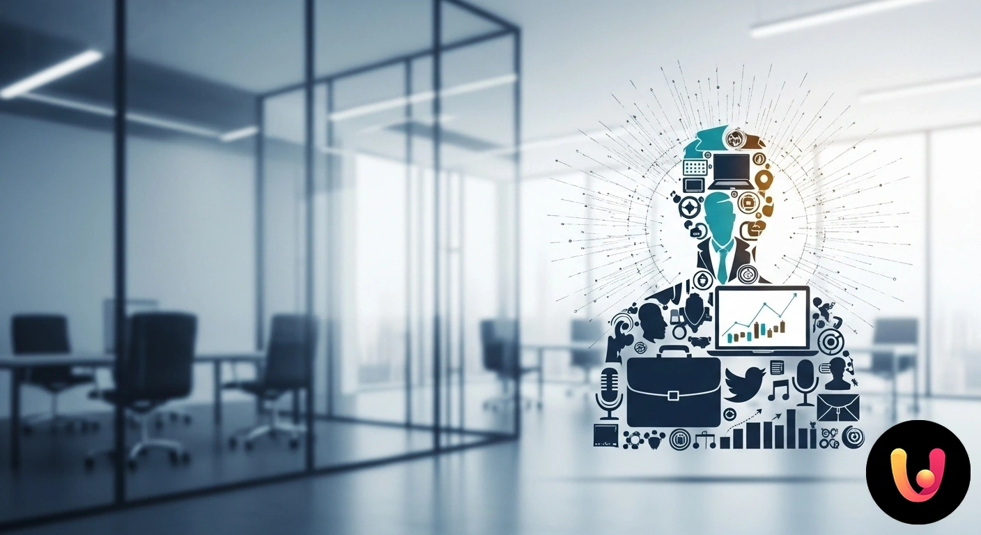 Potenzia la tua carriera con una strategia di Personal Branding efficace. Figura stilizzata di un professionista al centro di una rete di icone che simboleggiano competenze, carriera e canali digital