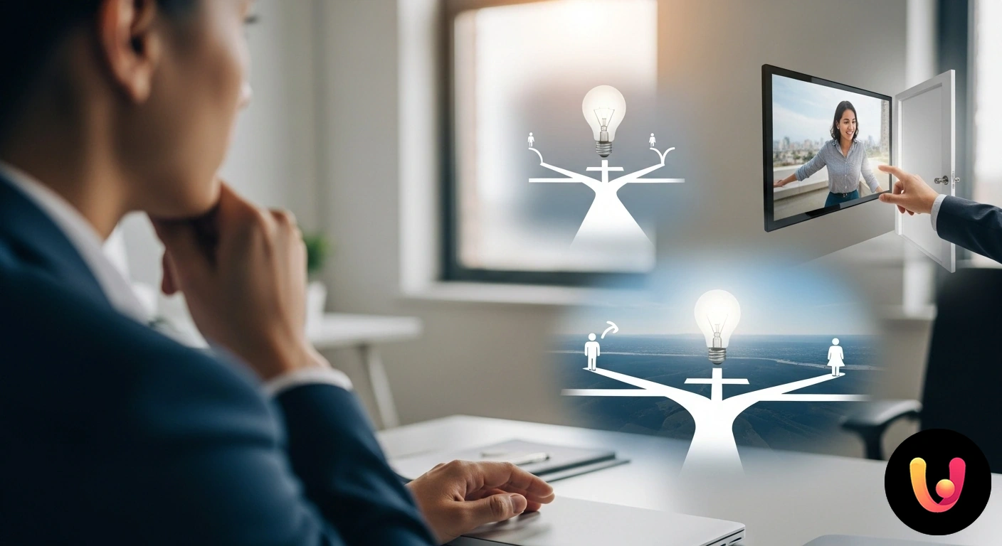 Cambiare lavoro: come capire se è il momento giusto per te Persona in abiti professionali di fronte a un bivio, simbolo della valutazione di diverse opportunità di carriera.
