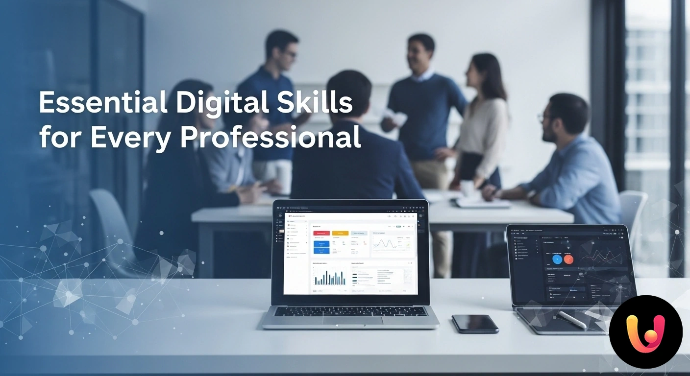 Le Competenze Digitali Essenziali per far crescere la tua carriera professionale. Professionista che interagisce con un'interfaccia grafica contenente icone di competenze digitali come analisi dati e cloud c