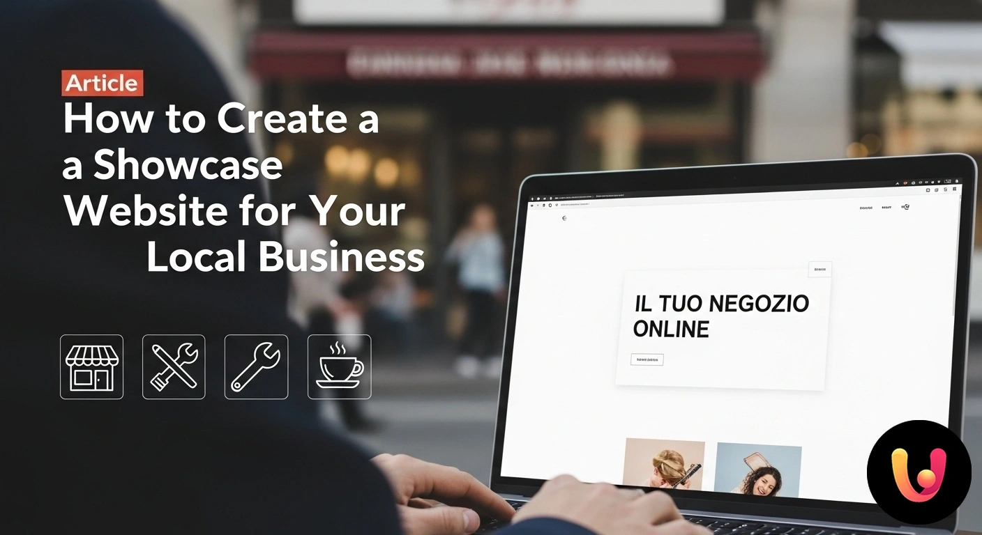 Crea un sito vetrina per la tua attività locale e aumenta la visibilità online. Schermo di un computer portatile che mostra il sito web di un'attività locale, con la facciata del negozio visibile sullo sfo