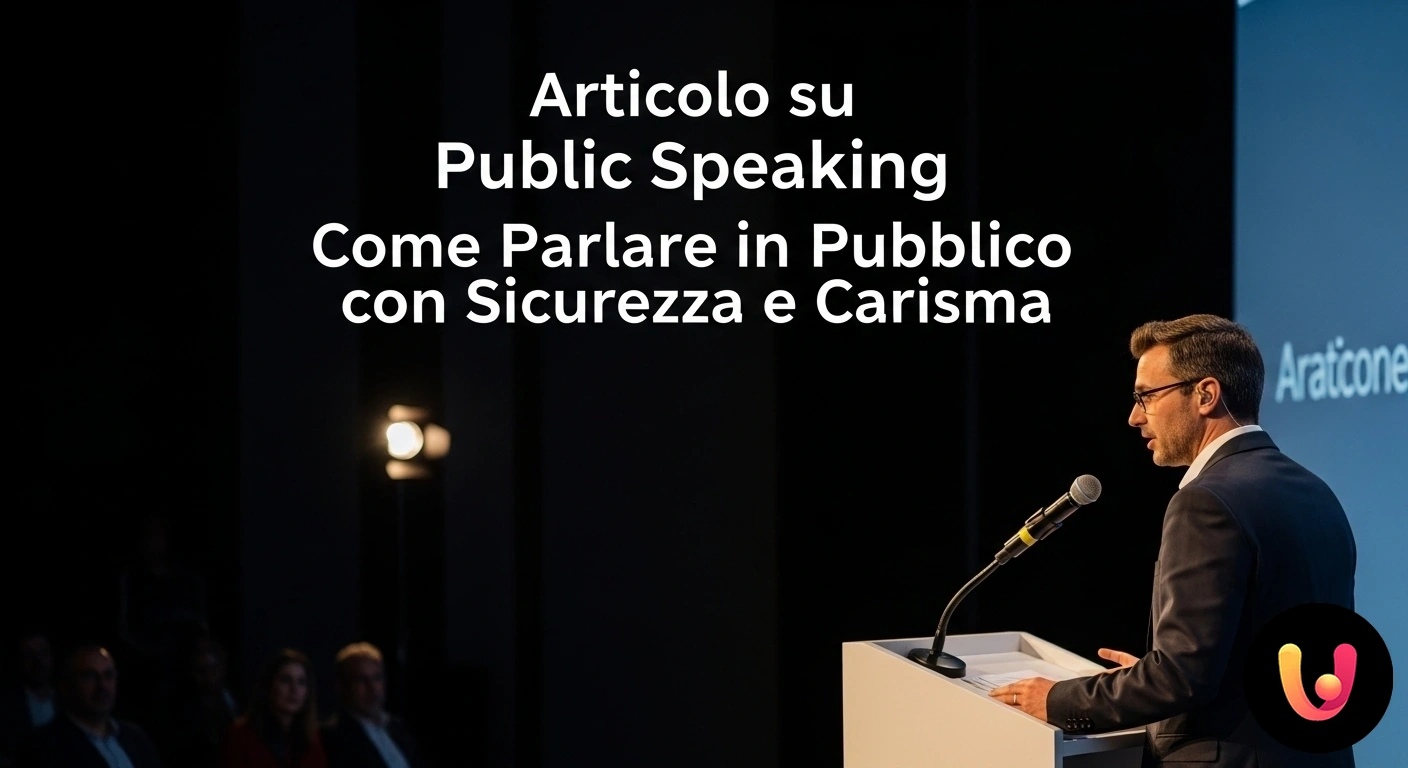 Padroneggia l'arte del public speaking: carisma e sicurezza sul palco. Oratore si rivolge con sicurezza a una platea attenta durante una conferenza, gesticolando per enfatizzare il suo discorso.