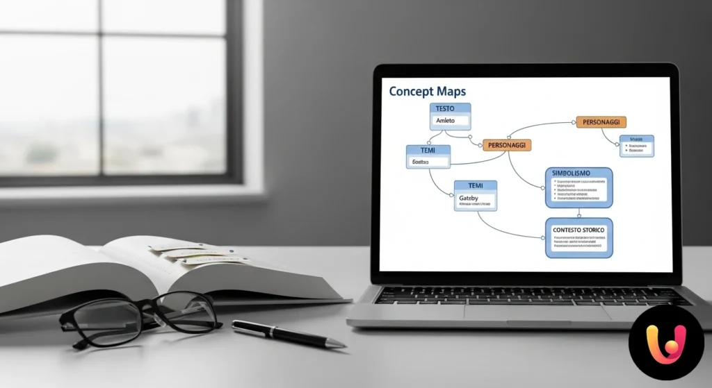 A concept map illustrating the analysis of a literary work, with nodes for character, themes, and plot connected to each other.