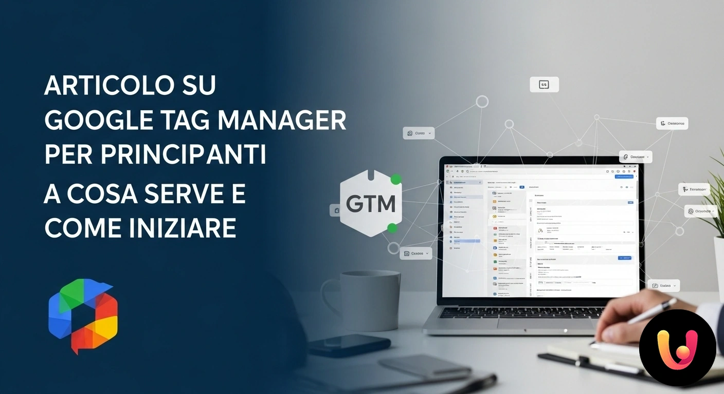 Guida a Google Tag Manager: impara a cosa serve e come iniziare Logo di google tag manager al centro di un diagramma che lo collega a icone rappresentative di servizi di analisi e marketing