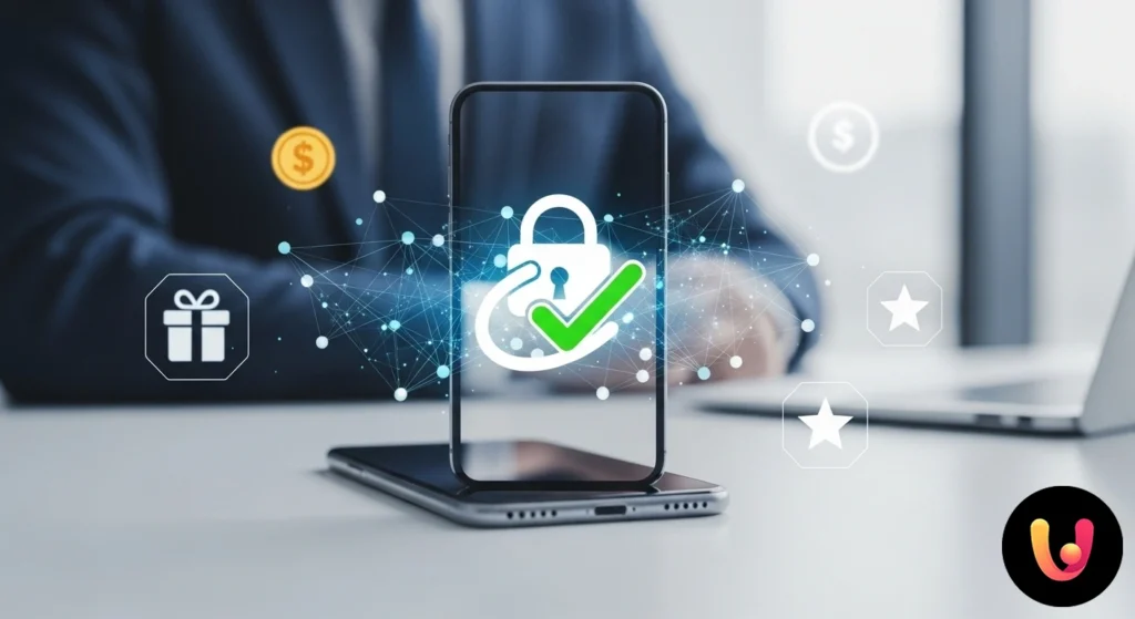 Aplicații cu recompense: ghidul complet pentru siguranță și fiabilitate. 2025 Smartphone ținut în mână cu o pictogramă de scut protector suprapusă pe ecran, simbolizând siguranța digitală.