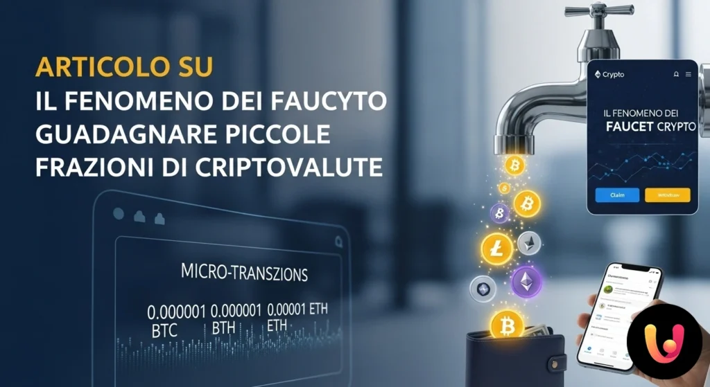 Faucet Crypto: Cosa Sono e Come Guadagnare Cripto Gratis Illustrazione concettuale di un rubinetto da cui gocciolano monete digitali in un portafoglio virtuale, a simboleggiare i fau