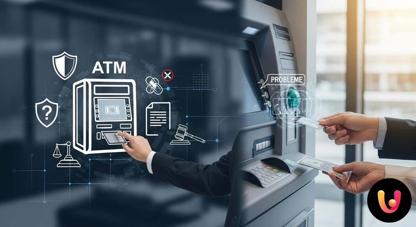 Problemi allo sportello ATM? Conosci i tuoi diritti di consumatore e le normative vigenti. Persona con espressione preoccupata esamina una ricevuta cartacea di fronte a uno sportello automatico atm.