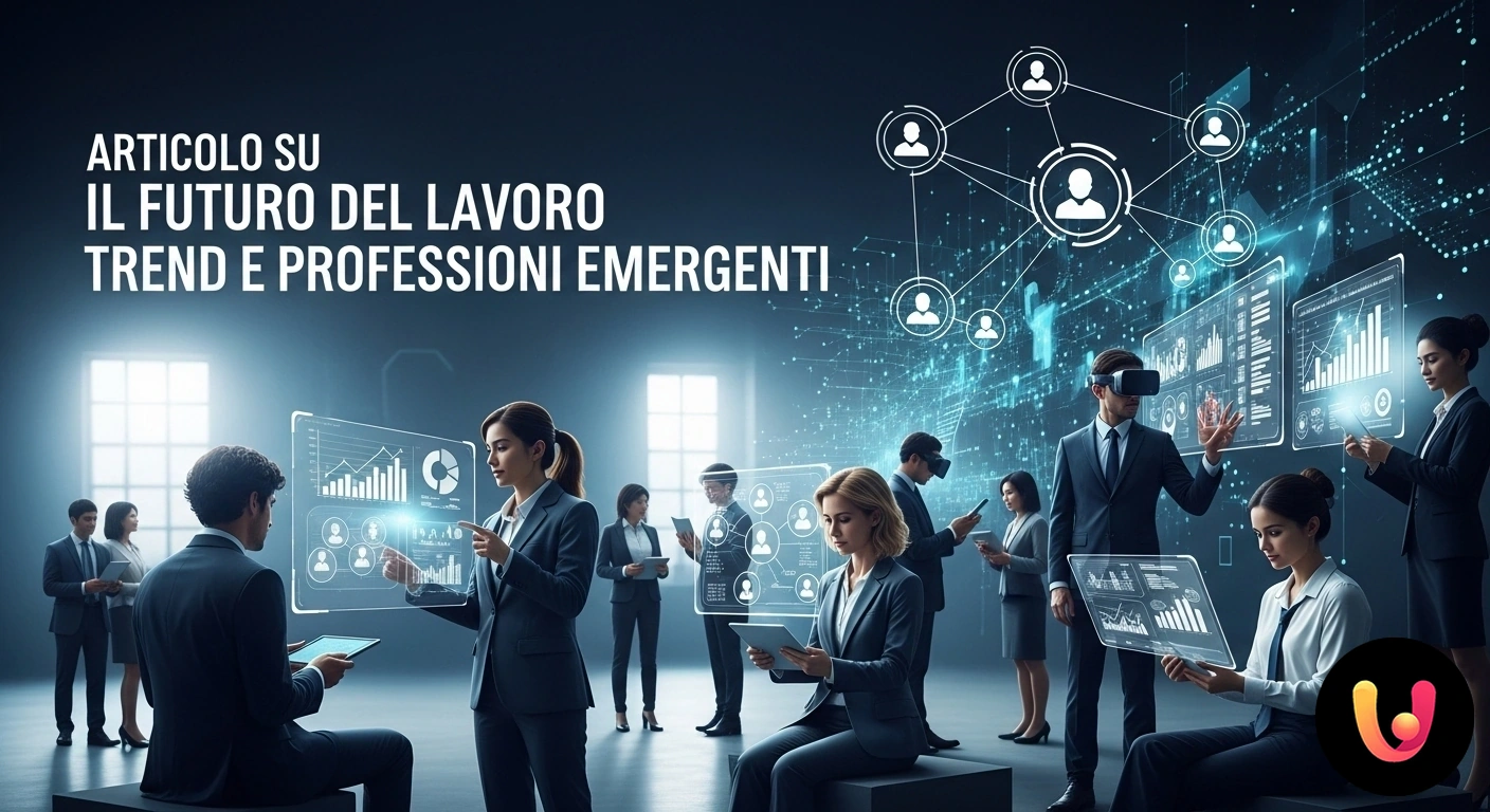Futuro del Lavoro: Scopri i Trend e le Professioni Emergenti. Professionista analizza dati e icone di nuove carriere visualizzati su un'interfaccia olografica interattiva.