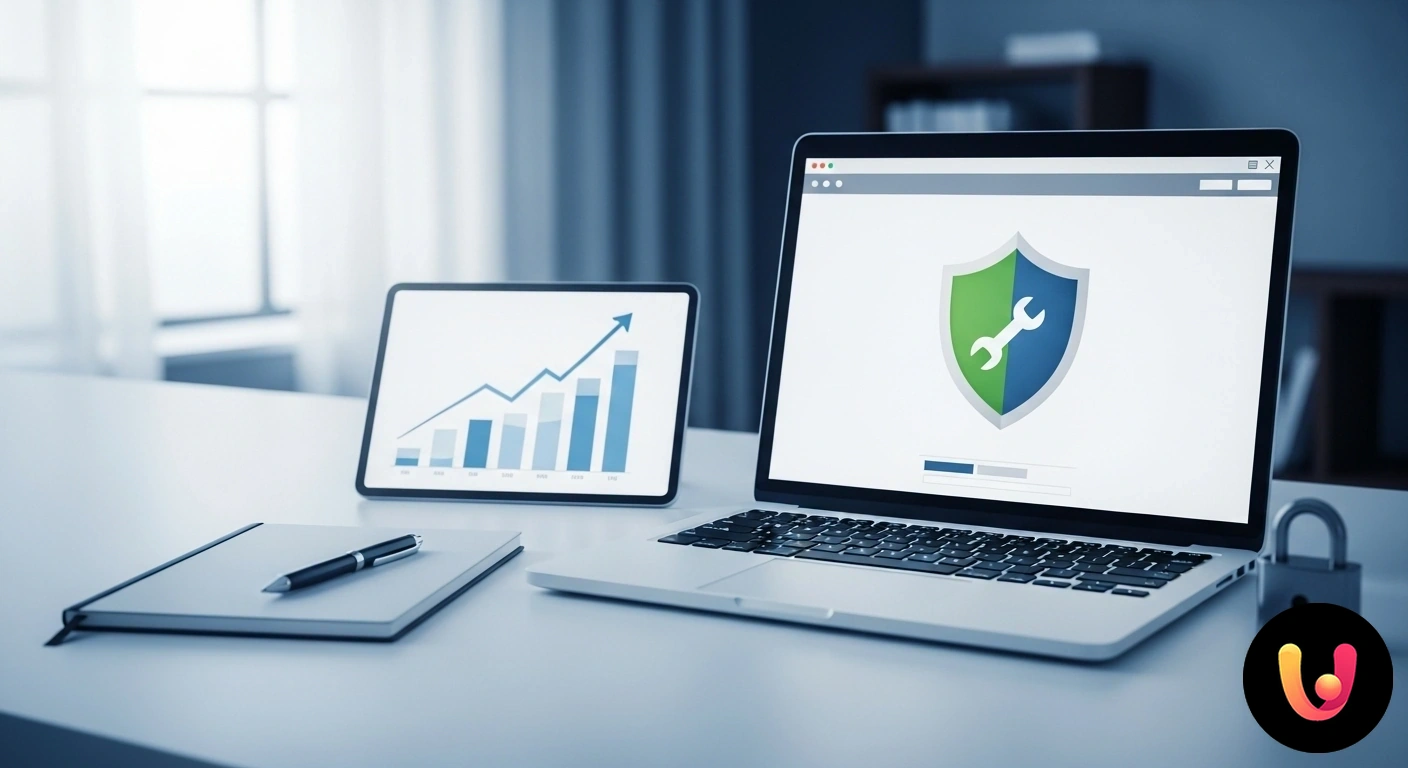 Proteggi il tuo sito: Guida a Sicurezza e Manutenzione Scudo digitale e ingranaggi che simboleggiano la protezione e la manutenzione di un'infrastruttura web.