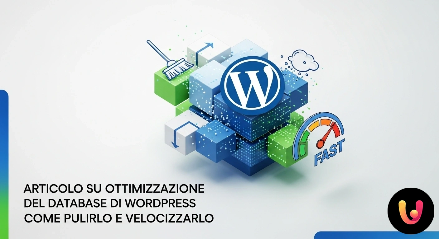 Guida completa per pulire e velocizzare il tuo database WordPress. Ingranaggi interconnessi, simbolo di un database, lucidati da uno strumento per illustrare l'ottimizzazione e la velocità.