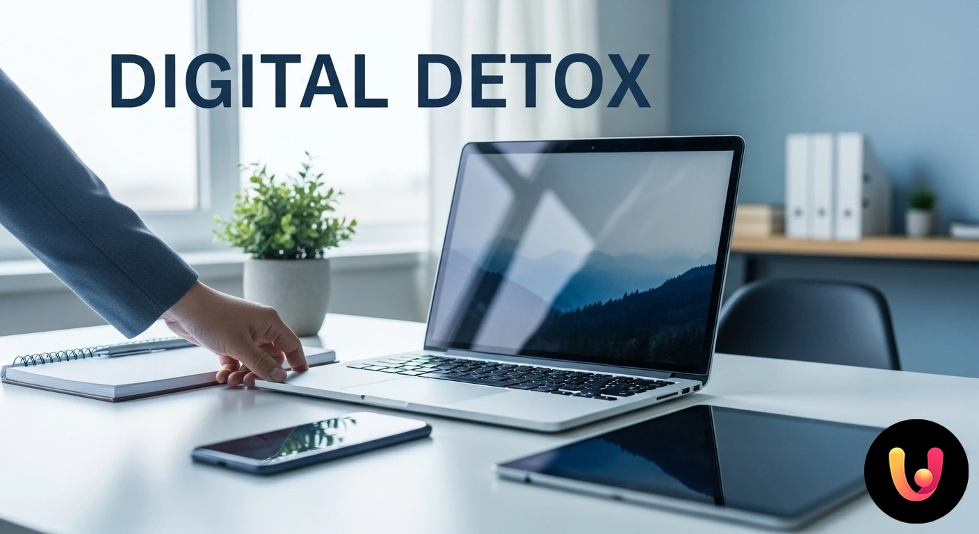 Digital detox: migliora la produttività con una pausa dalla tecnologia. Professionista si rilassa alla scrivania, distogliendo lo sguardo da dispositivi elettronici spenti per favorire la concentra