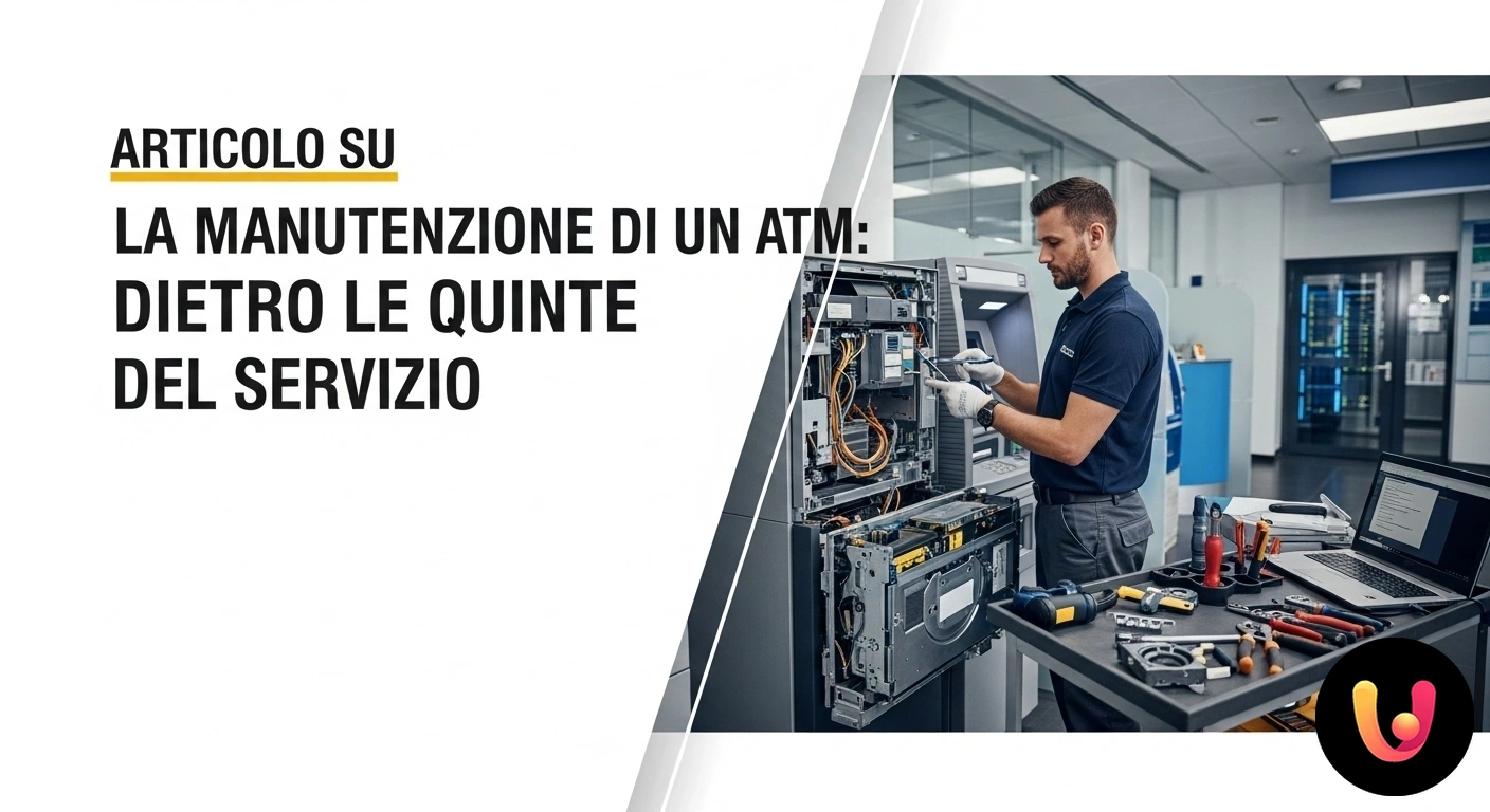 Manutenzione ATM: Sicurezza e affidabilità del servizio. Tecnico specializzato che ispeziona i componenti elettronici e meccanici interni di uno sportello bancomat aperto.