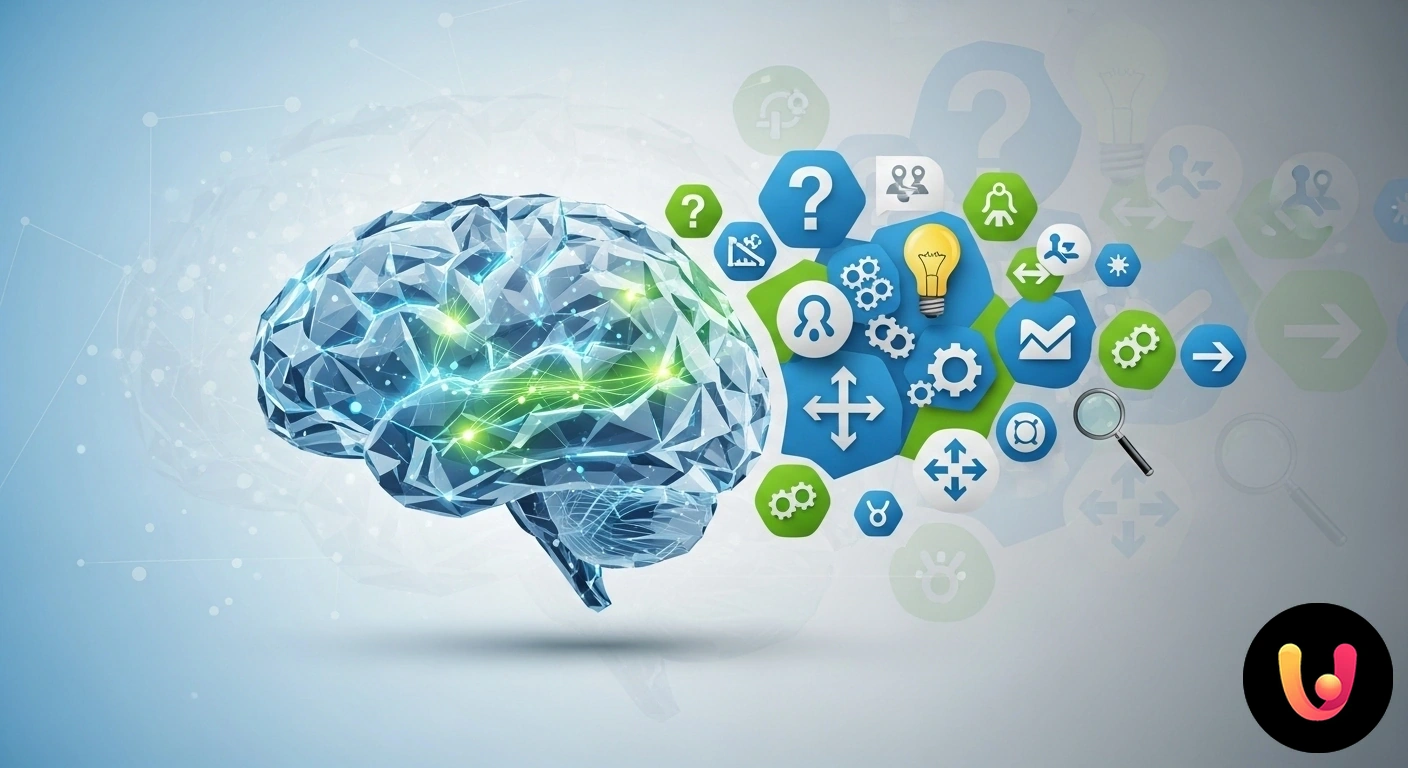 Potenzia la mente: strategie per pensiero critico e problem solving. Profilo di testa umana con ingranaggi che si trasformano in una lampadina accesa, a simboleggiare un'idea.