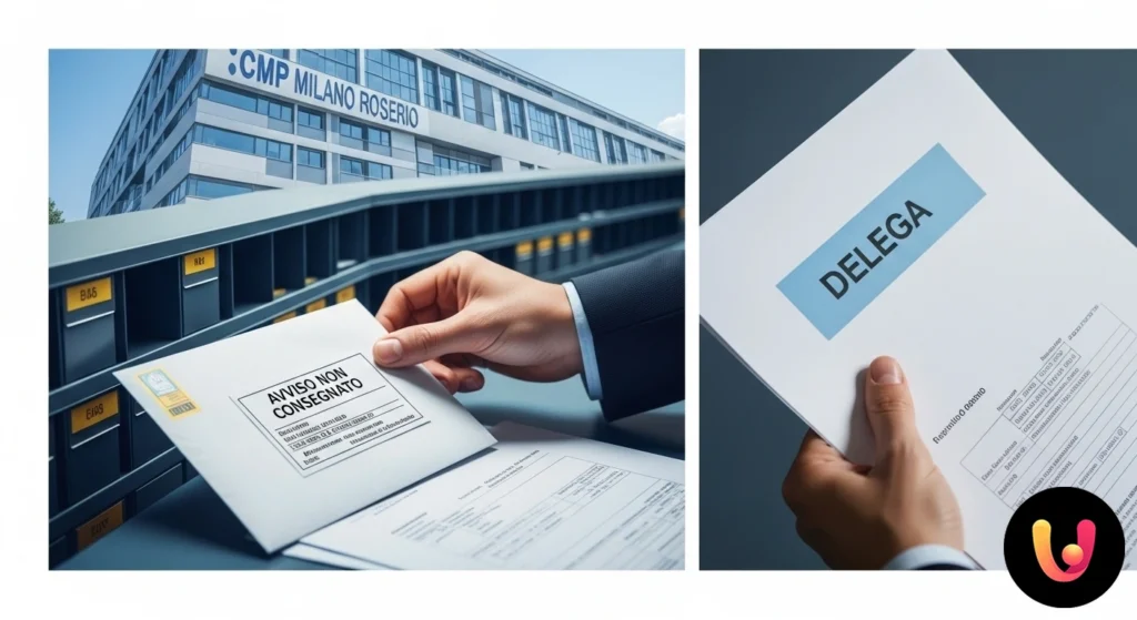 Avviso di giacenza cartaceo di poste italiane per il ritiro di una spedizione non consegnata presso un centro postale.