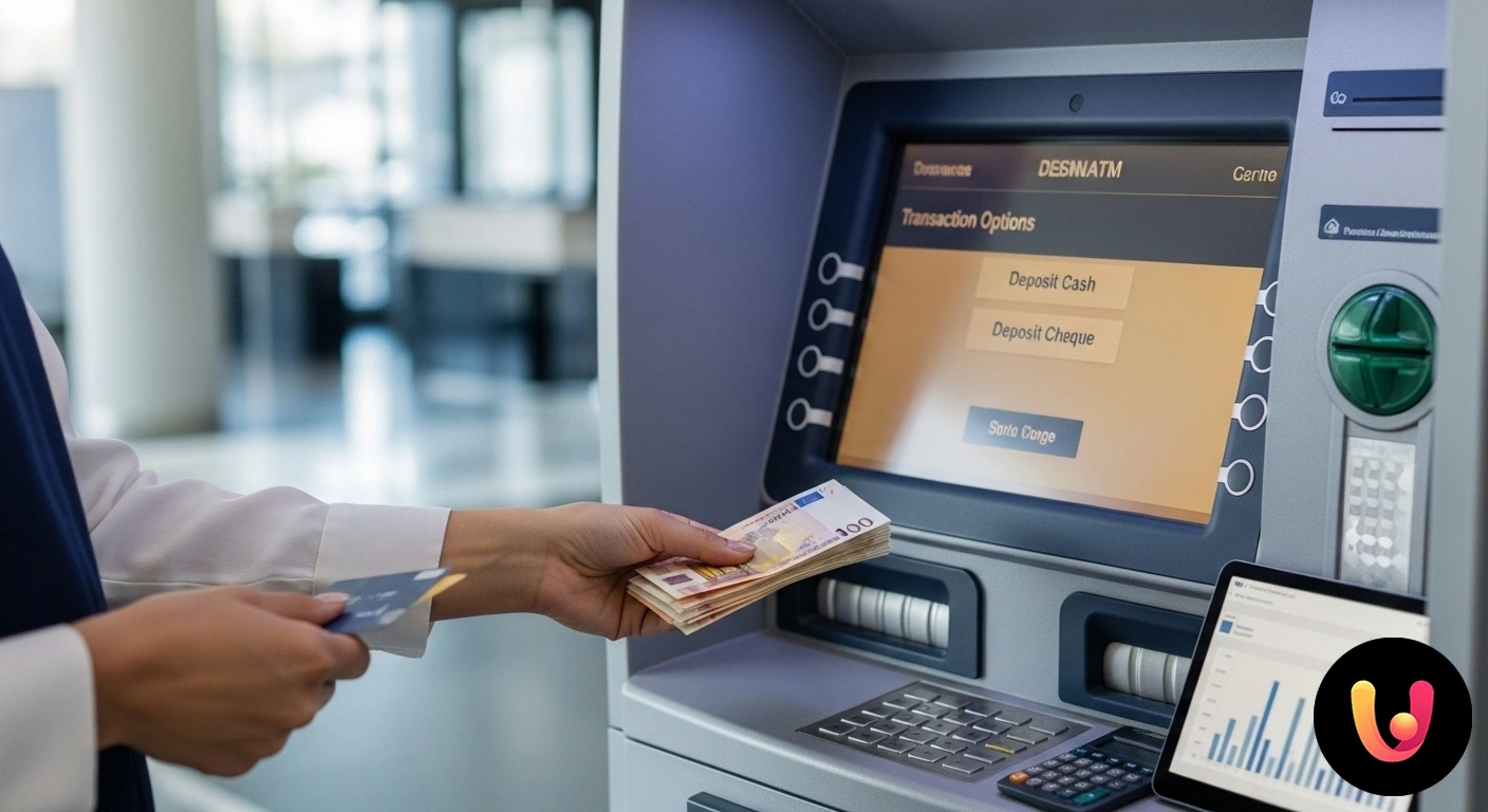 ATM per Liberi Professionisti: Ottimizza i Versamenti Libero professionista utilizza uno sportello automatico per effettuare un versamento di contanti per la propria attività comm