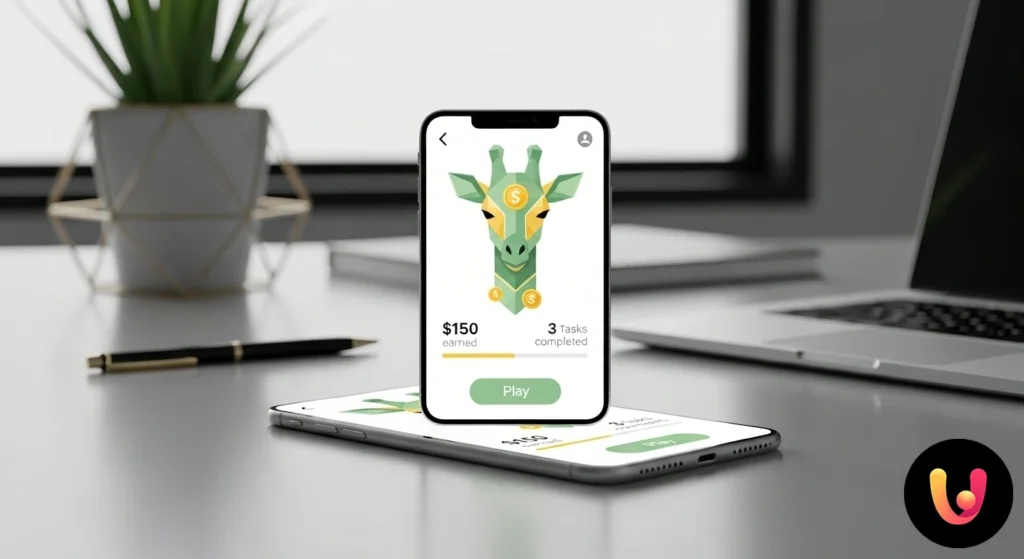 Smartphone, das die Benutzeroberfläche der Cash Giraffe App mit einer Liste verfügbarer Spiele zum Sammeln von Prämienpunkten anzeigt.