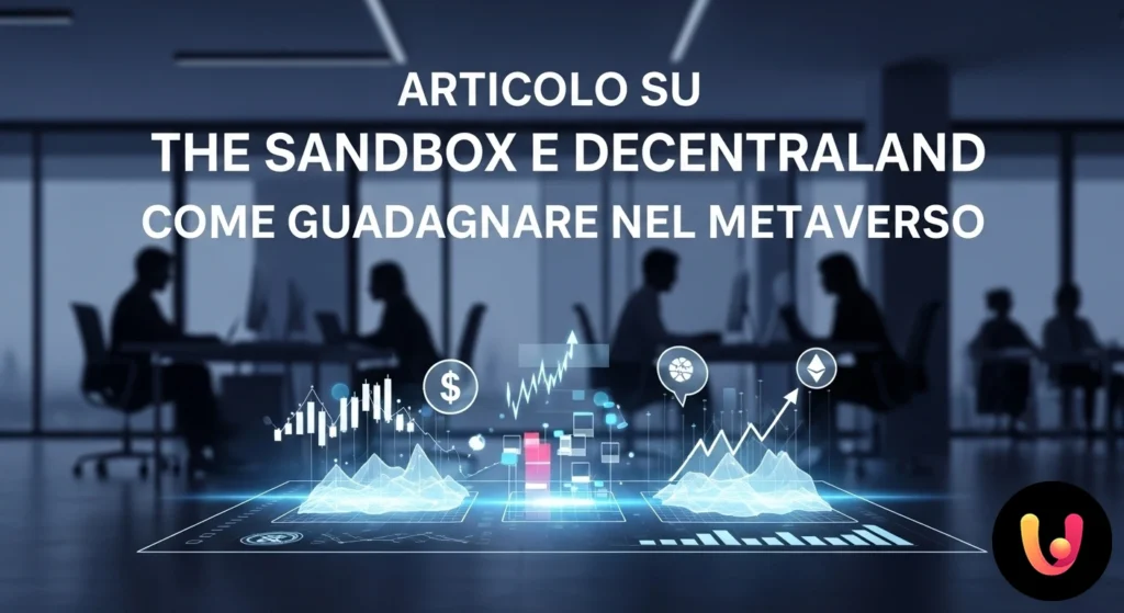 Collage dei mondi virtuali di the sandbox e decentraland con avatar e simboli delle criptovalute sand e mana in primo piano.