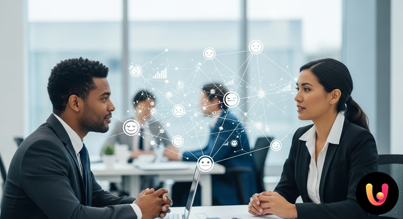 Sviluppa la tua Intelligenza Emotiva per una carriera di successo. Due colleghi in un ufficio moderno che dialogano in modo costruttivo, dimostrando ascolto attivo e comprensione reciproca.