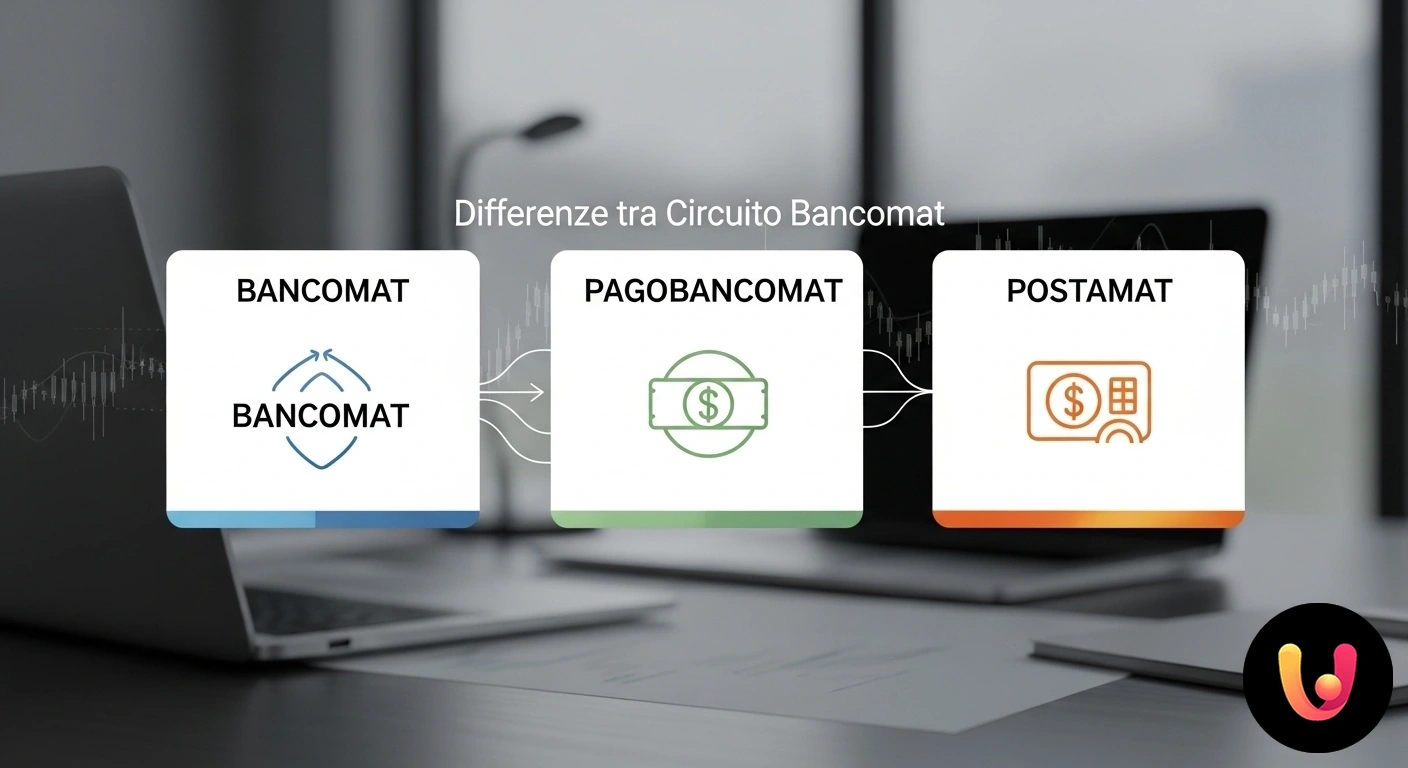 Differenze tra circuiti Bancomat, PagoBancomat e Postamat: la guida completa. Confronto visivo tra le carte dei circuiti bancomat, pagobancomat e postamat, con i loghi distintivi in primo piano.