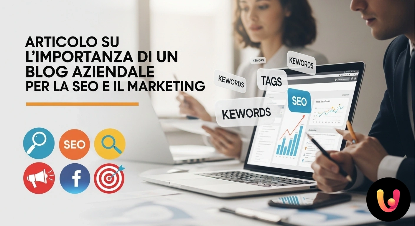 Blog Aziendale: la Chiave per SEO e Successo nel Marketing Icone di un blog, una lente d'ingrandimento per la seo e un grafico in crescita che simboleggiano il marketing digitale.