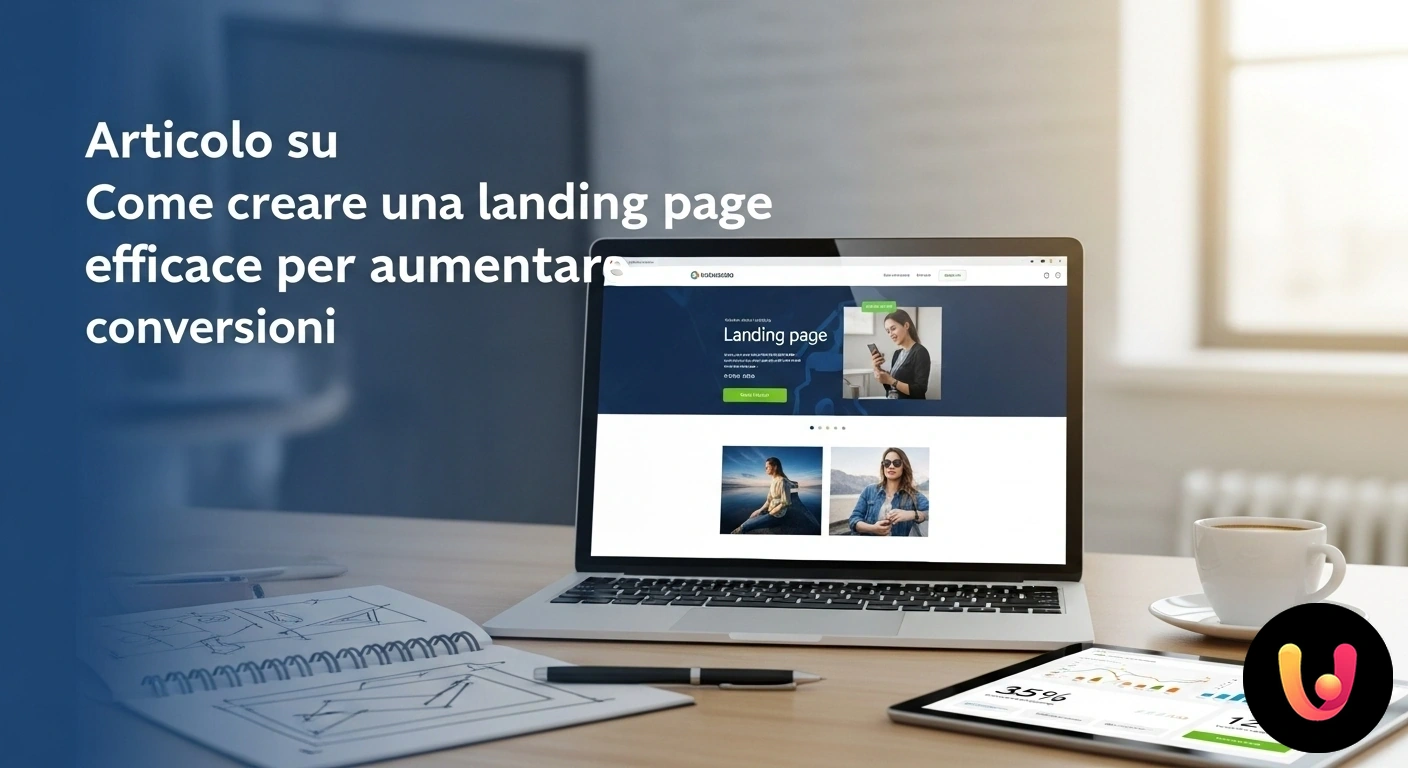 Guida alla creazione di una landing page ad alta conversione. Schema di una landing page su un laptop, evidenziando titolo, modulo di contatto e pulsante call-to-action.