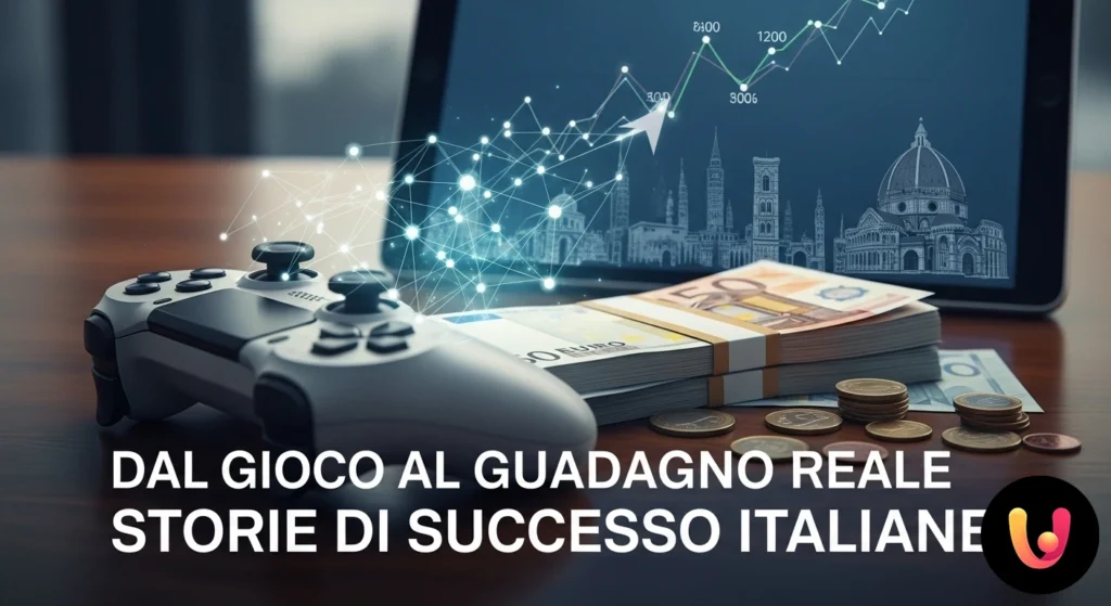 Ganhar a Jogar: Histórias de Sucesso Italianas Mãos num teclado de gaming ao lado de um gráfico de crescimento financeiro com o símbolo do euro.