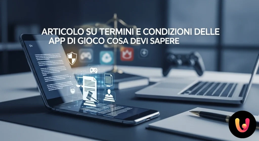 Smartphone che mostra la clausola dei termini e condizioni di un'app di gioco, affiancato da un martelletto da giudice.