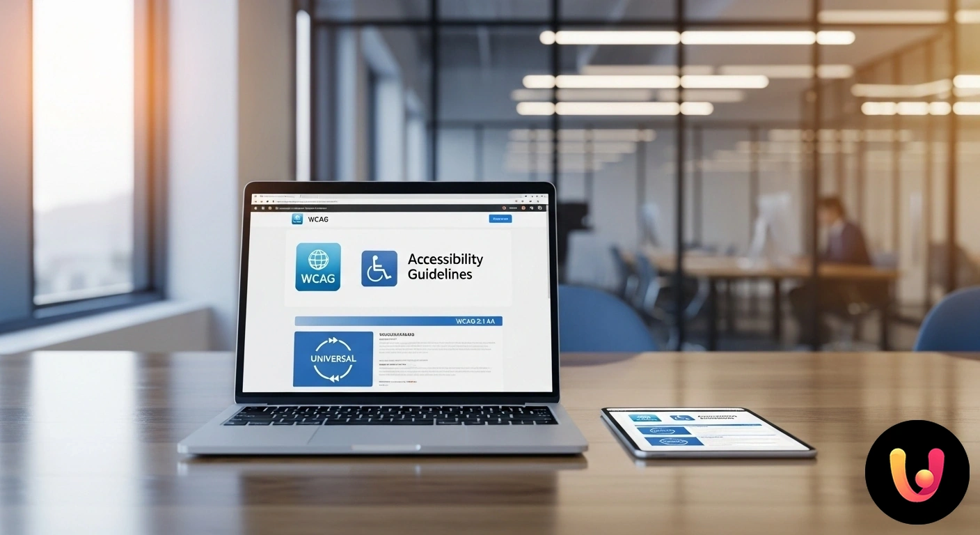 Accessibilità Web (WCAG): Guida base per un sito web accessibile e conforme. Infografica che mostra un'interfaccia web accessibile su vari dispositivi con icone rappresentative delle linee guida wcag.