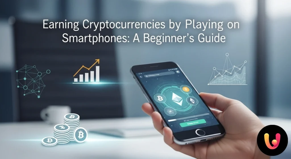 Smartphone displaying a play-to-earn game interface surrounded by cryptocurrency icons.