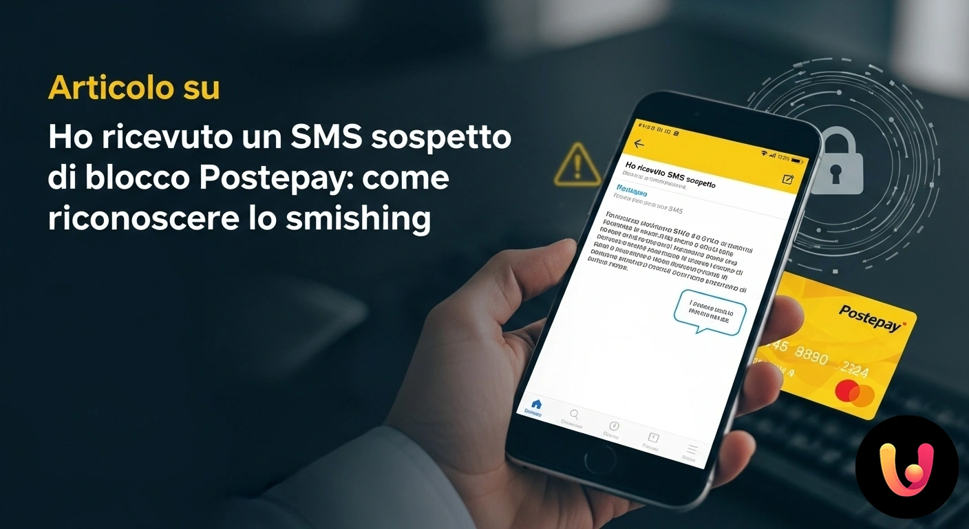 Esempio di SMS smishing per blocco Postepay: come riconoscere la truffa Schermo di smartphone che mostra un messaggio sms fraudolento con l'avviso di blocco di una carta postepay e un link sospetto