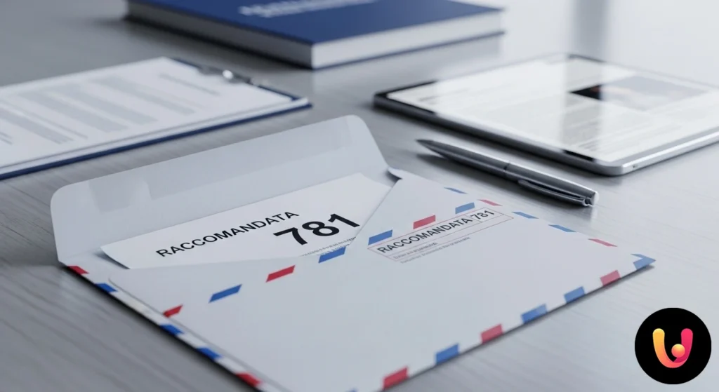 Prim-plan al unui aviz de ridicare pentru o scrisoare recomandată cu codul de identificare 781 evidențiat.
