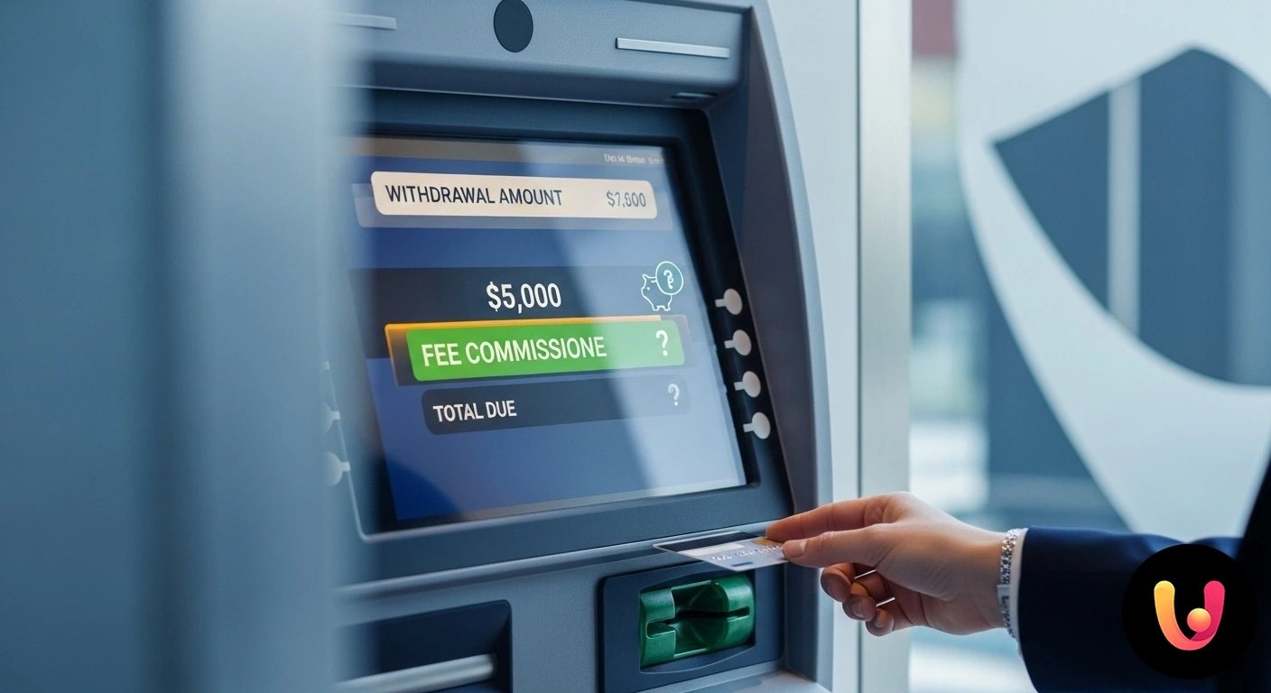 Commissioni Prelievo ATM: Come Riconoscerle e Risparmiare Schermata di uno sportello automatico che mostra a un utente l'avviso di addebito di una commissione per l'operazione di prel