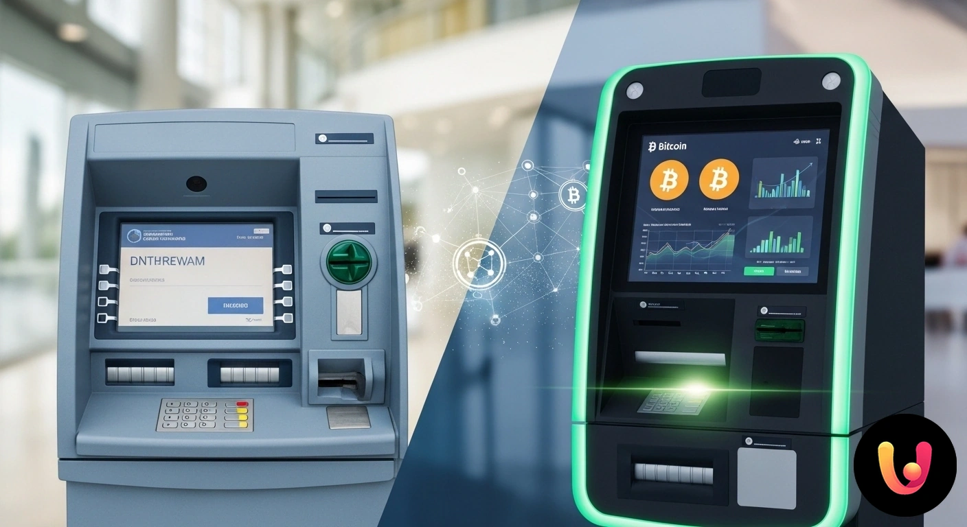Bitcoin ATM: Il futuro dei prelievi di contante è arrivato. Persona che utilizza uno sportello automatico per criptovalute, inserendo contanti per acquistare bitcoin.