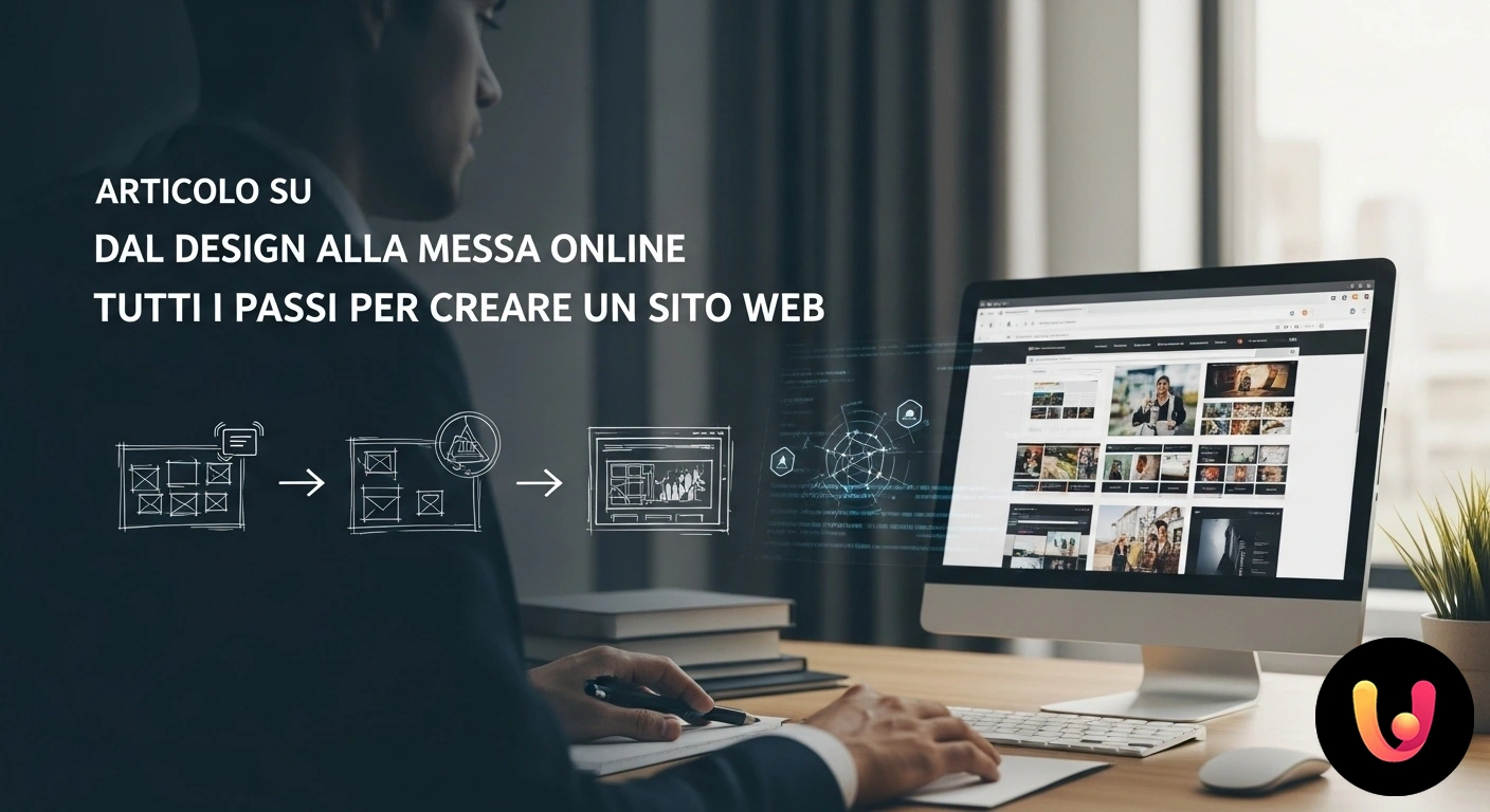 Guida completa alla creazione di un sito web: dal design al lancio. Flusso di lavoro che illustra le fasi di creazione di un sito web: progettazione, sviluppo, test e messa online.