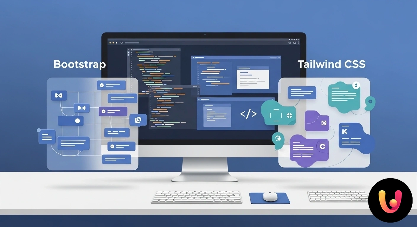 Bootstrap vs Tailwind: Guida alla scelta del framework CSS migliore per il tuo progetto. Loghi dei framework css bootstrap e tailwind affiancati, a simboleggiare il confronto tra le due tecnologie di sviluppo web.