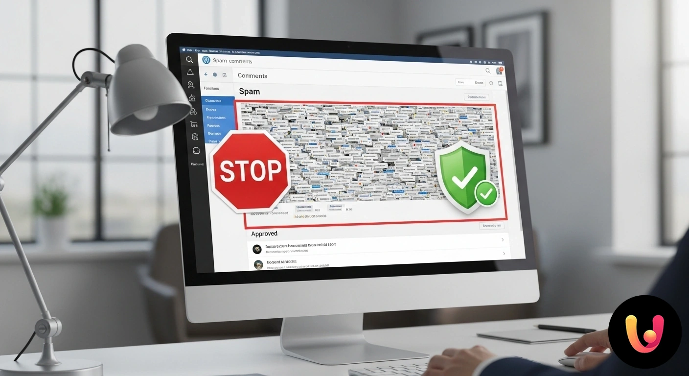 Guida definitiva per bloccare lo spam nei commenti di WordPress Illustrazione concettuale di uno scudo di sicurezza che intercetta e blocca commenti indesiderati prima che raggiungano un si
