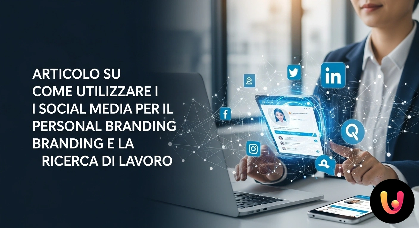 Personal Branding Vincente sui Social Media per la Ricerca di Lavoro Persona che cura il proprio profilo professionale su un laptop, circondata da icone di social media e grafici di crescita.