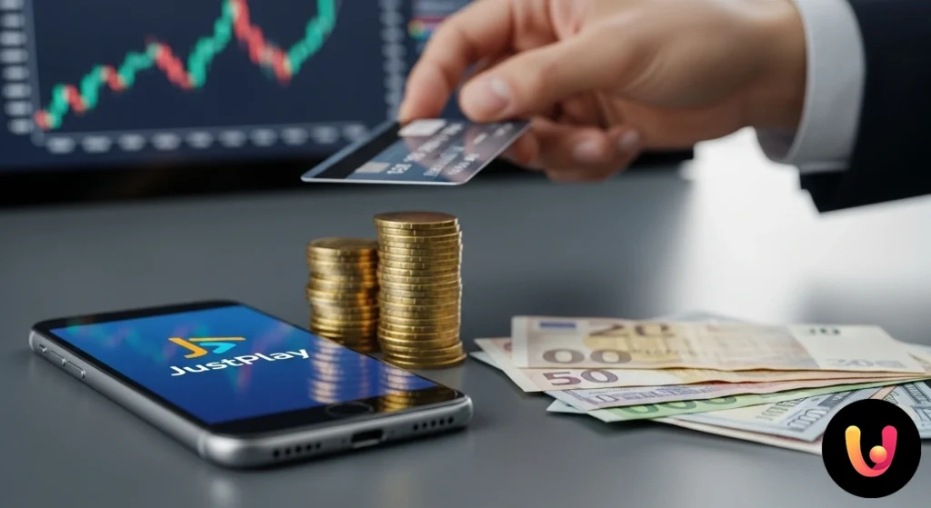 Screenshot of the JustPlay app on a smartphone showing payment options and the accumulated points balance.