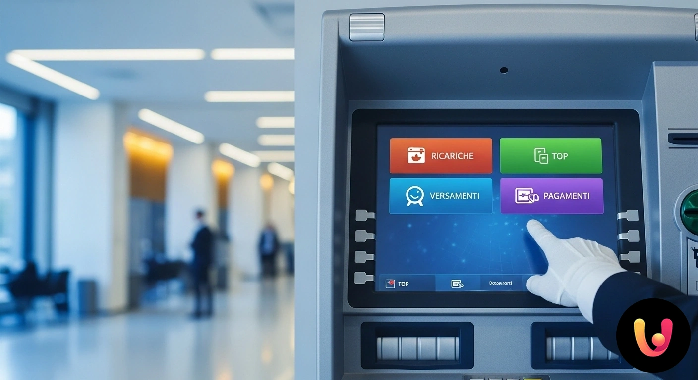 Funzioni Avanzate ATM: Paga e Ricarica dallo Sportello Mano di una persona che seleziona l'opzione 'pagamenti e ricariche' sullo schermo touchscreen di uno sportello automatico evo