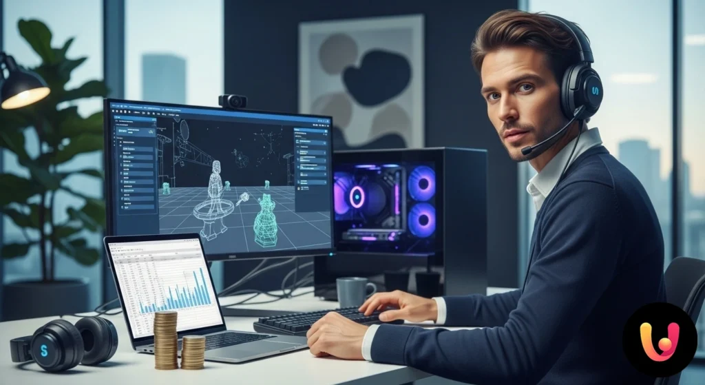 Profissional com auscultadores focado no ecrã de um computador a analisar um videojogo em fase de desenvolvimento.