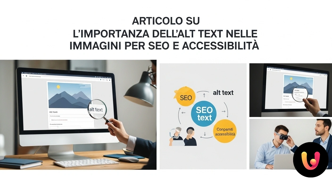 Alt text e SEO: come ottimizzare le immagini per Google e per gli utenti. Schema visivo che collega il codice dell'attributo alt a icone rappresentanti la seo e l'accessibilità web.