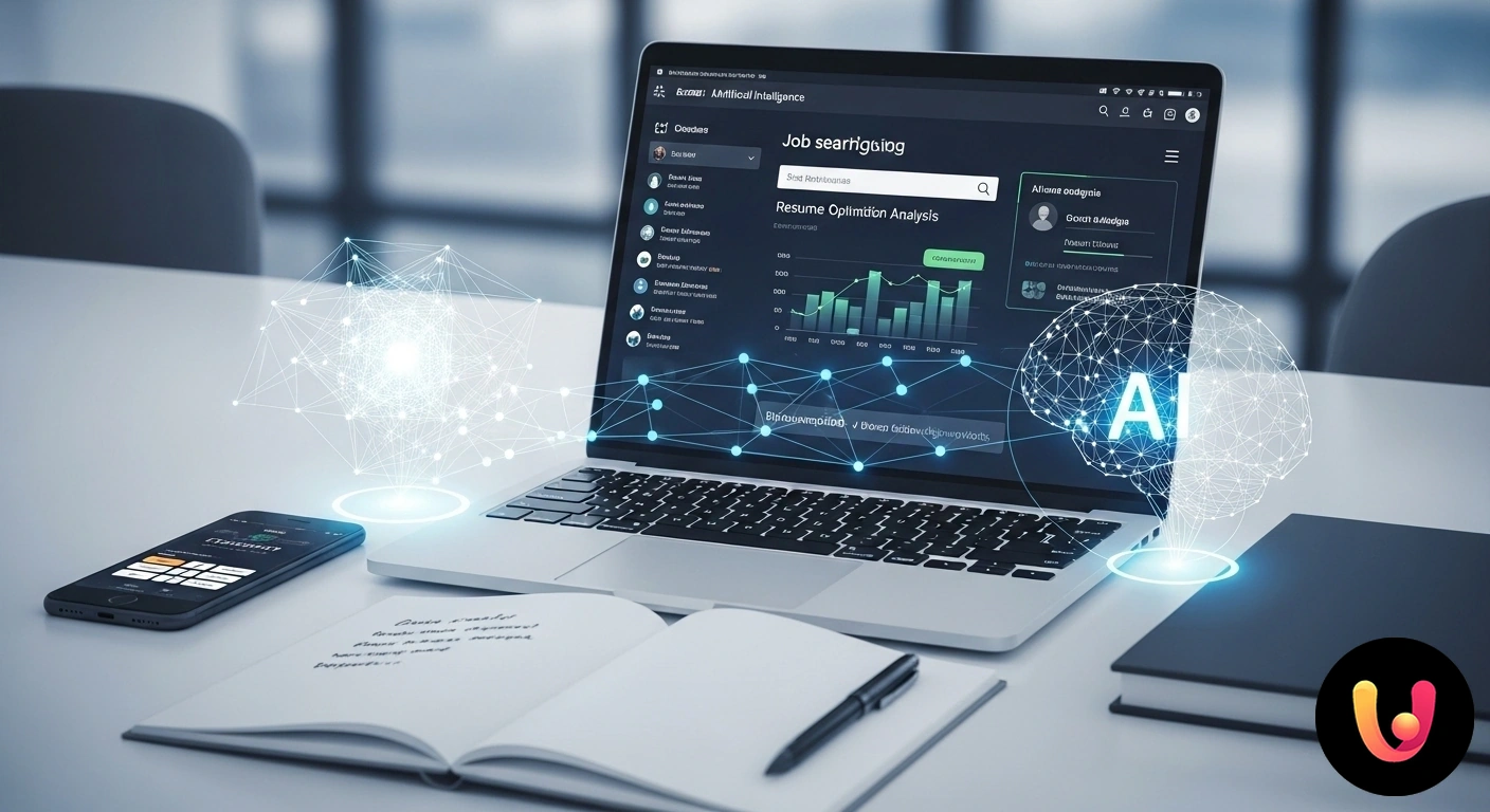 Come usare l'Intelligenza Artificiale per la ricerca del lavoro Un cervello stilizzato con circuiti digitali, connesso a icone che rappresentano un curriculum, la ricerca e un candidato.