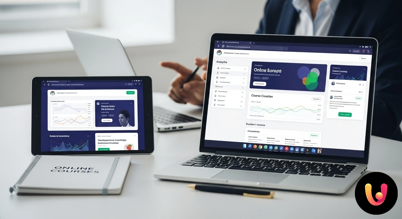 Come scegliere la migliore piattaforma per vendere i tuoi corsi online Persona seduta a una scrivania che confronta su un laptop le interfacce di diverse piattaforme per la vendita di corsi online