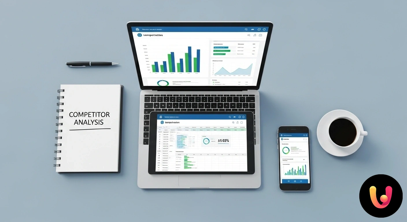 Strumenti e Tecniche per un'Analisi dei Concorrenti Efficace. Persona analizza al computer dashboard con grafici e dati per la ricerca sulla concorrenza online.