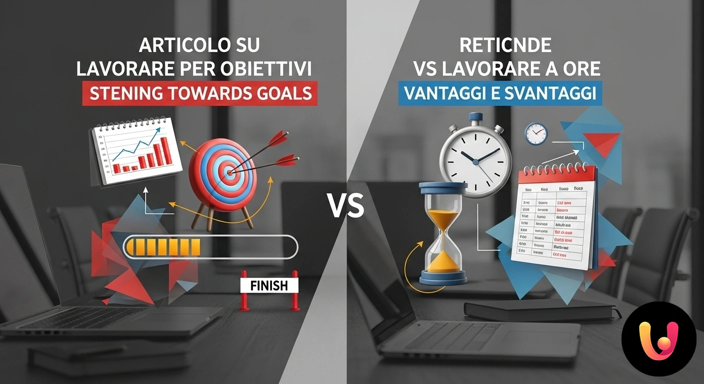 Lavoro per Obiettivi vs Ore: Guida alla Scelta del Modello di Lavoro Ideale per la Produttività. Un orologio che simboleggia il lavoro a ore contrapposto a un bersaglio con freccia che rappresenta il lavoro per obiettivi.
