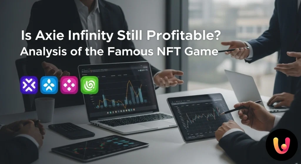 Characters from the Axie Infinity NFT game next to a financial chart with a positive trend.