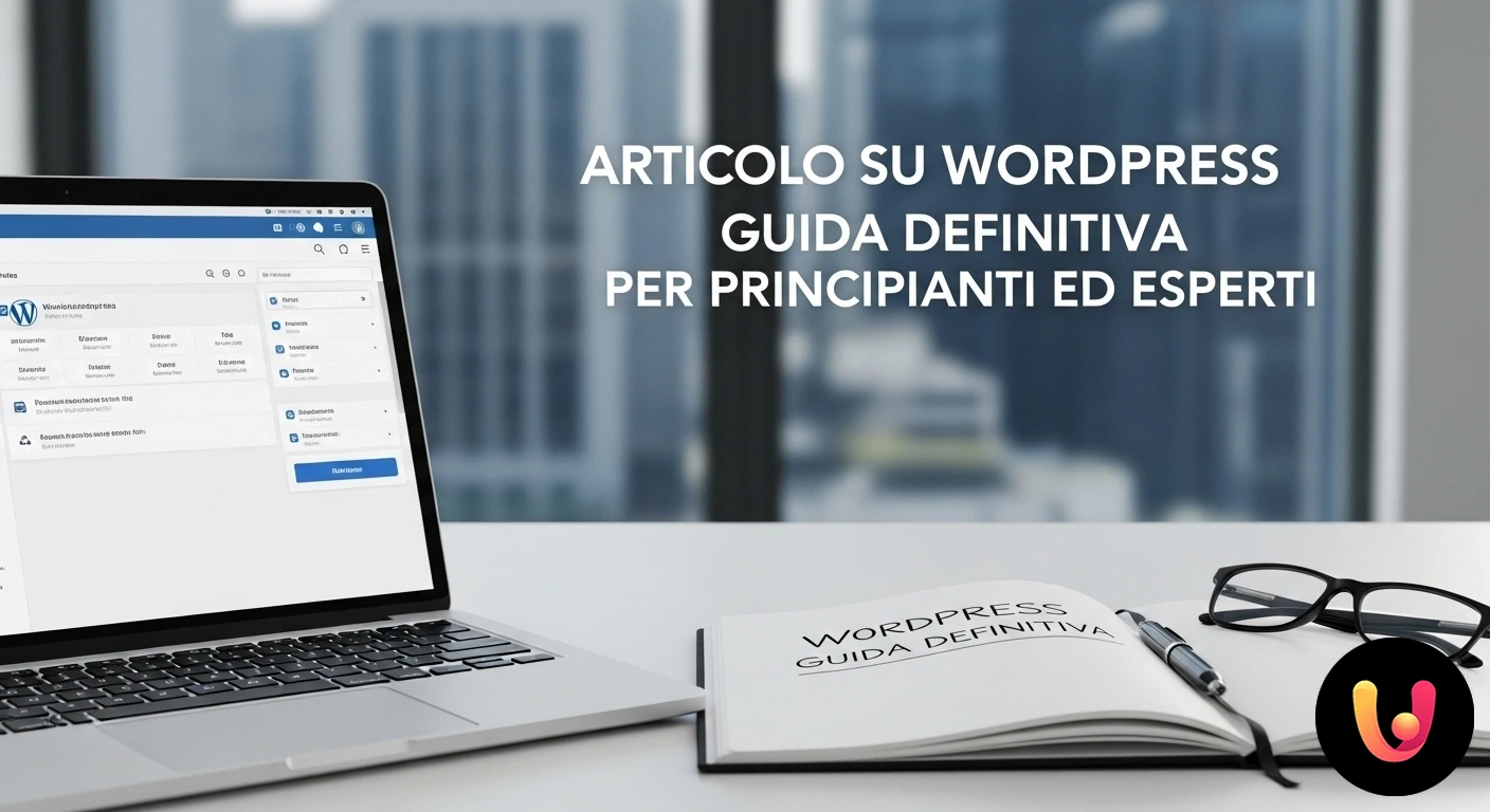 WordPress Guida Definitiva: Domina la piattaforma da zero a esperto. Cruscotto di wordpress visualizzato su un laptop, mostrando l'editor di contenuti e la gestione dei plugin.