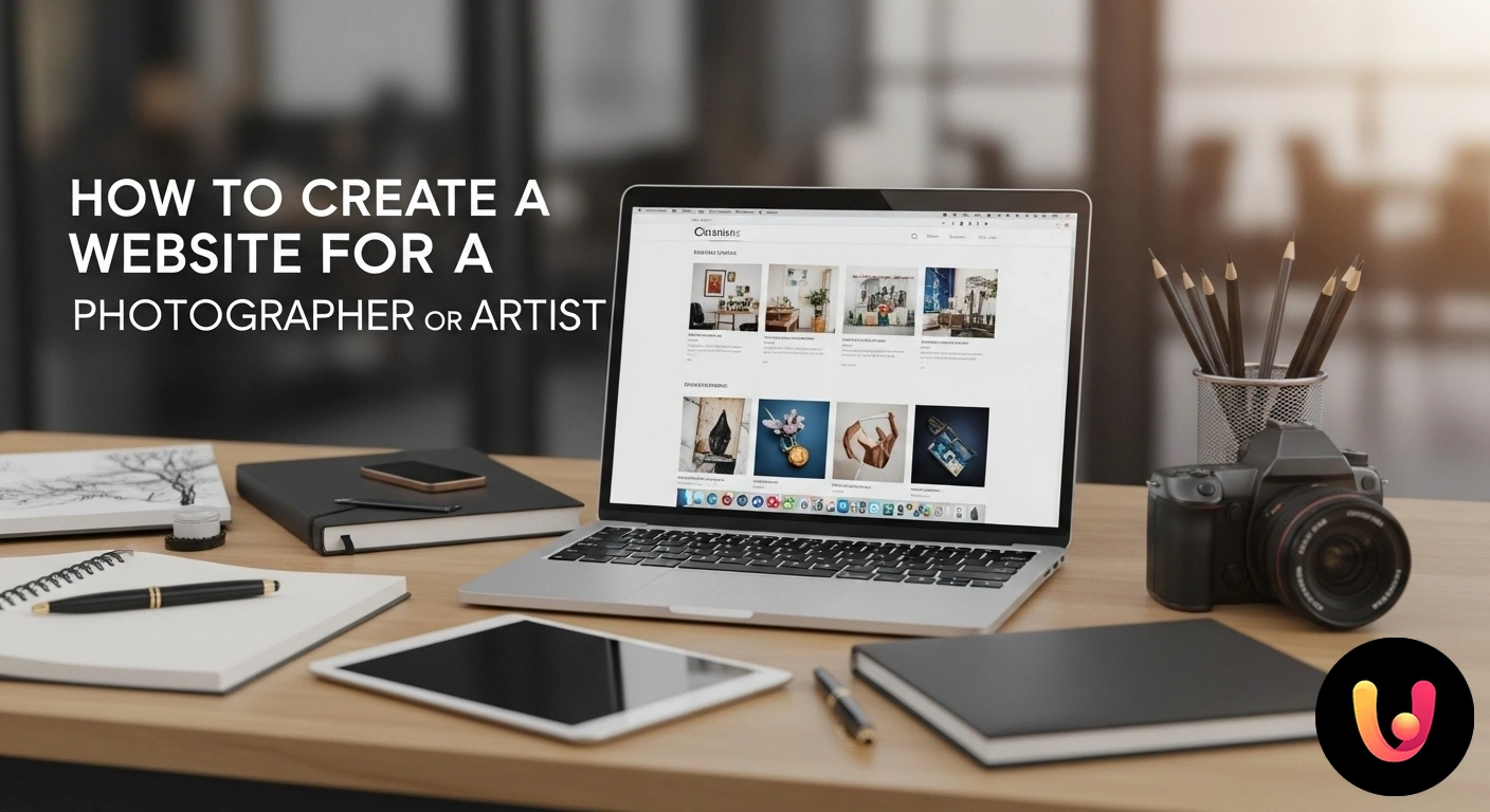 Crea il tuo sito web portfolio: la guida per fotografi e artisti. Artista che progetta su un laptop il layout di un sito web portfolio, con una macchina fotografica e schizzi sul tavolo.